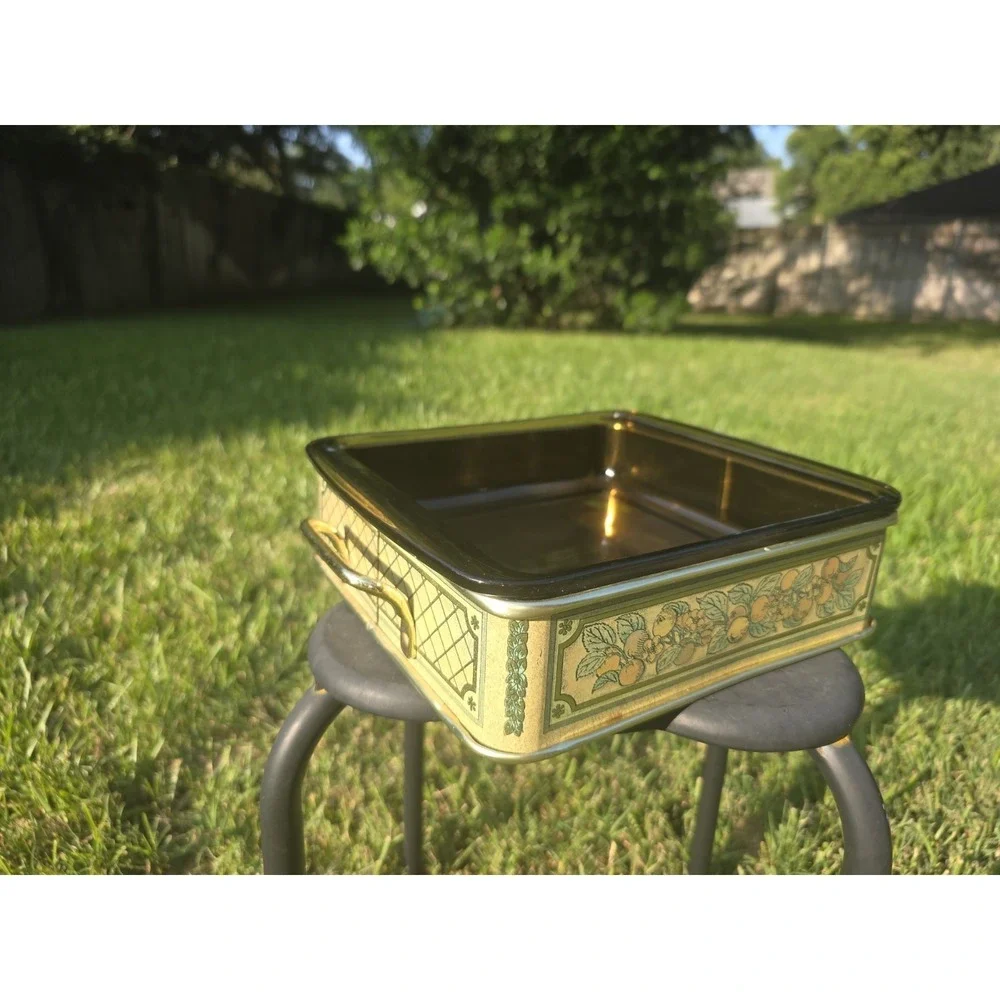 Pyrex Corning Glass 2 Quart Square Brown Casserole & Fruit Tin Holder #222 A-17